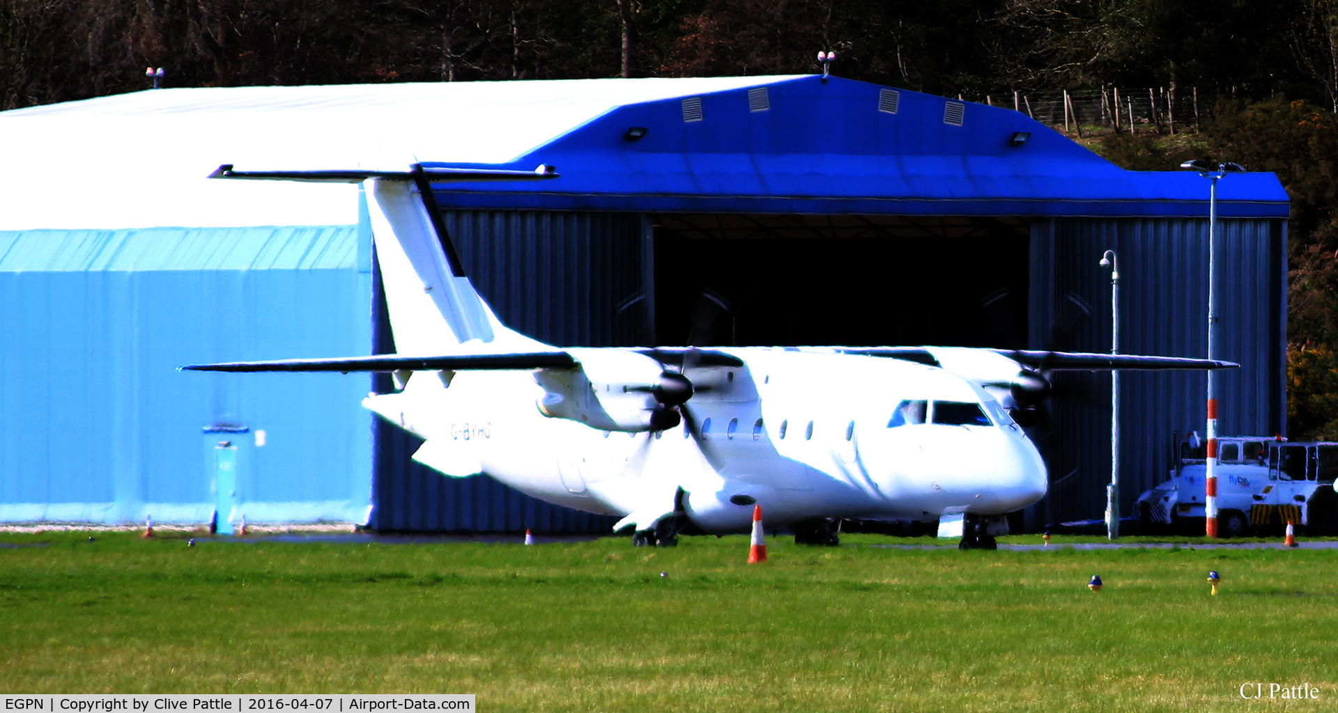 Dundee Airport, Dundee, Scotland United Kingdom (EGPN) - Dundee Riverside EGPN/DND - G-BYHG taxies past the Loganair/Flybe engineering hangar