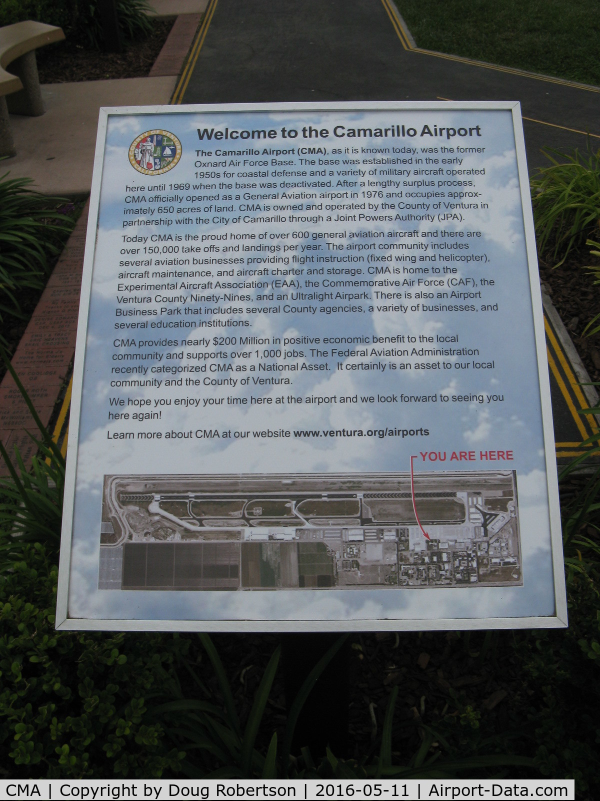 Camarillo Airport (CMA) - Welcome to KCMA Airport info at CMA Aircraft Public View Park-location-outside the Waypoint Cafe on airport