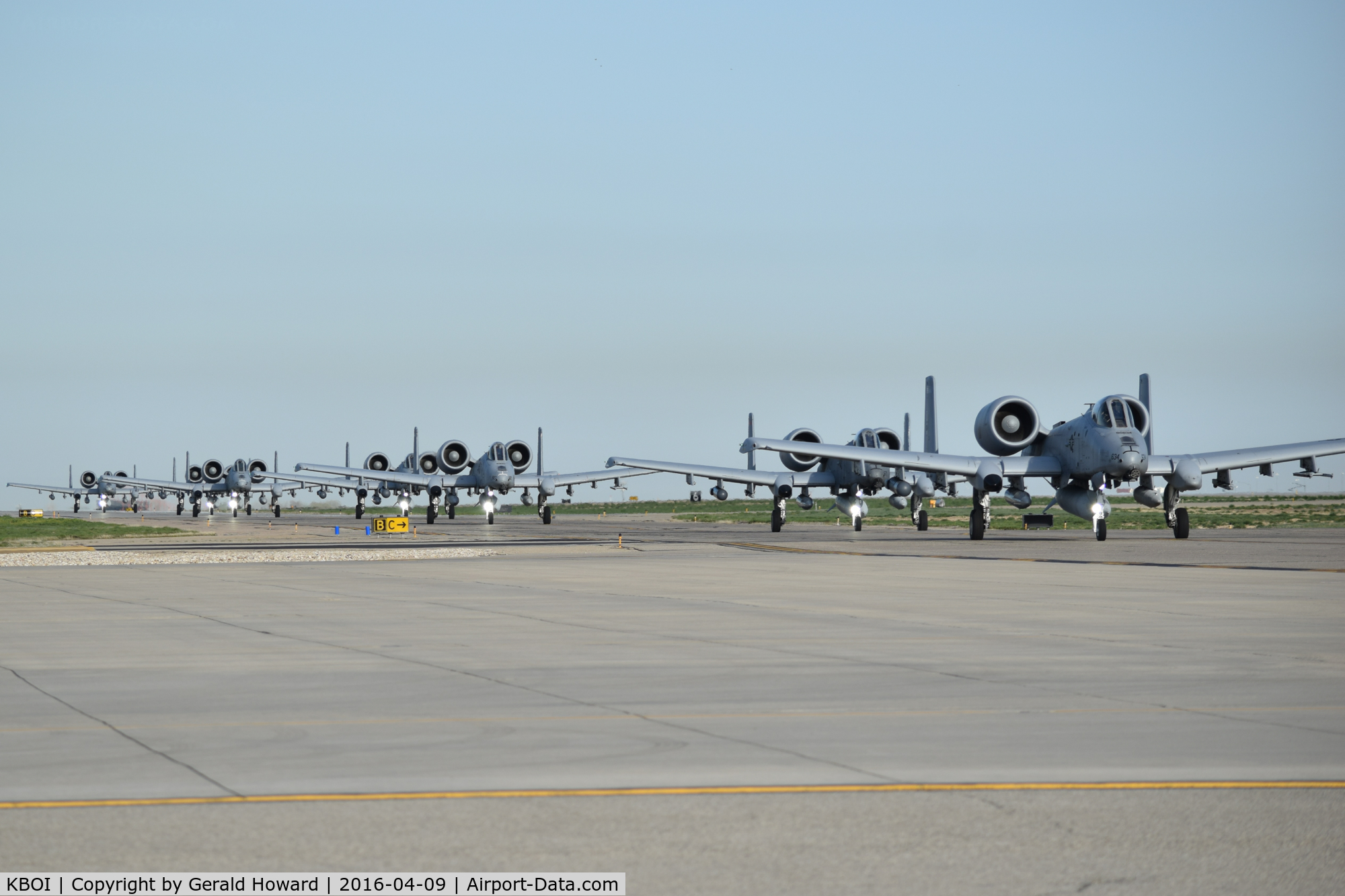 Boise Air Terminal/gowen Fld Airport (BOI) - First wave of A-10Cs from the 190th Fighter Sq., 124th Fighter Wing, Idaho ANG taxi down Bravo to RWY 28L for their departure to the Middle East for 6 months.