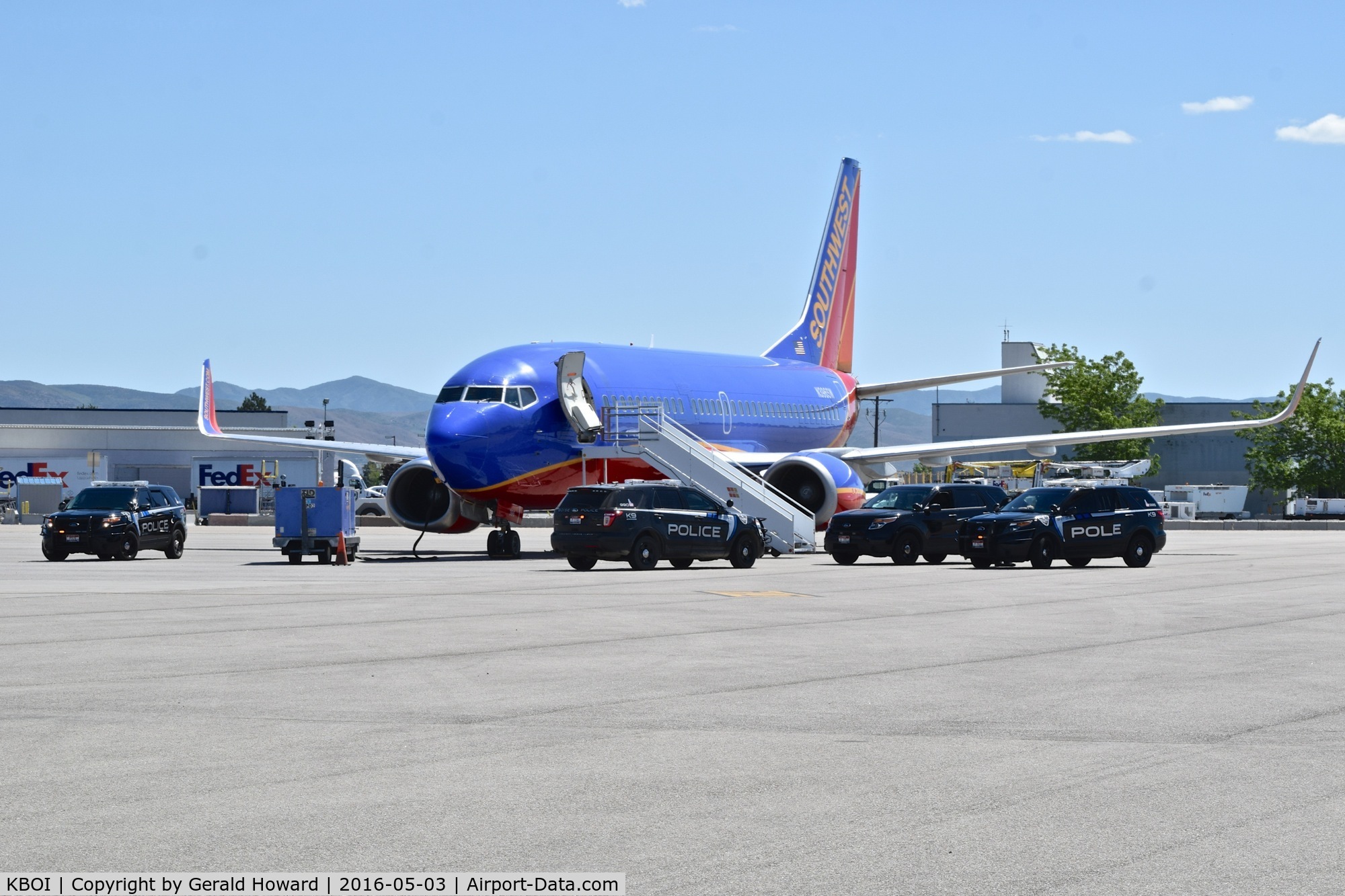 Boise Air Terminal/gowen Fld Airport (BOI) - Airport K-9s training on empty Southwest jet parked on remote spot #1.