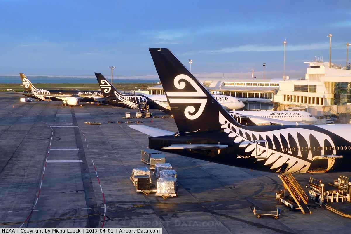 Auckland International Airport, Auckland New Zealand (NZAA) - Air New Zealand's black and white birds basking in the morning sun, while getting ready for the first flights of the day