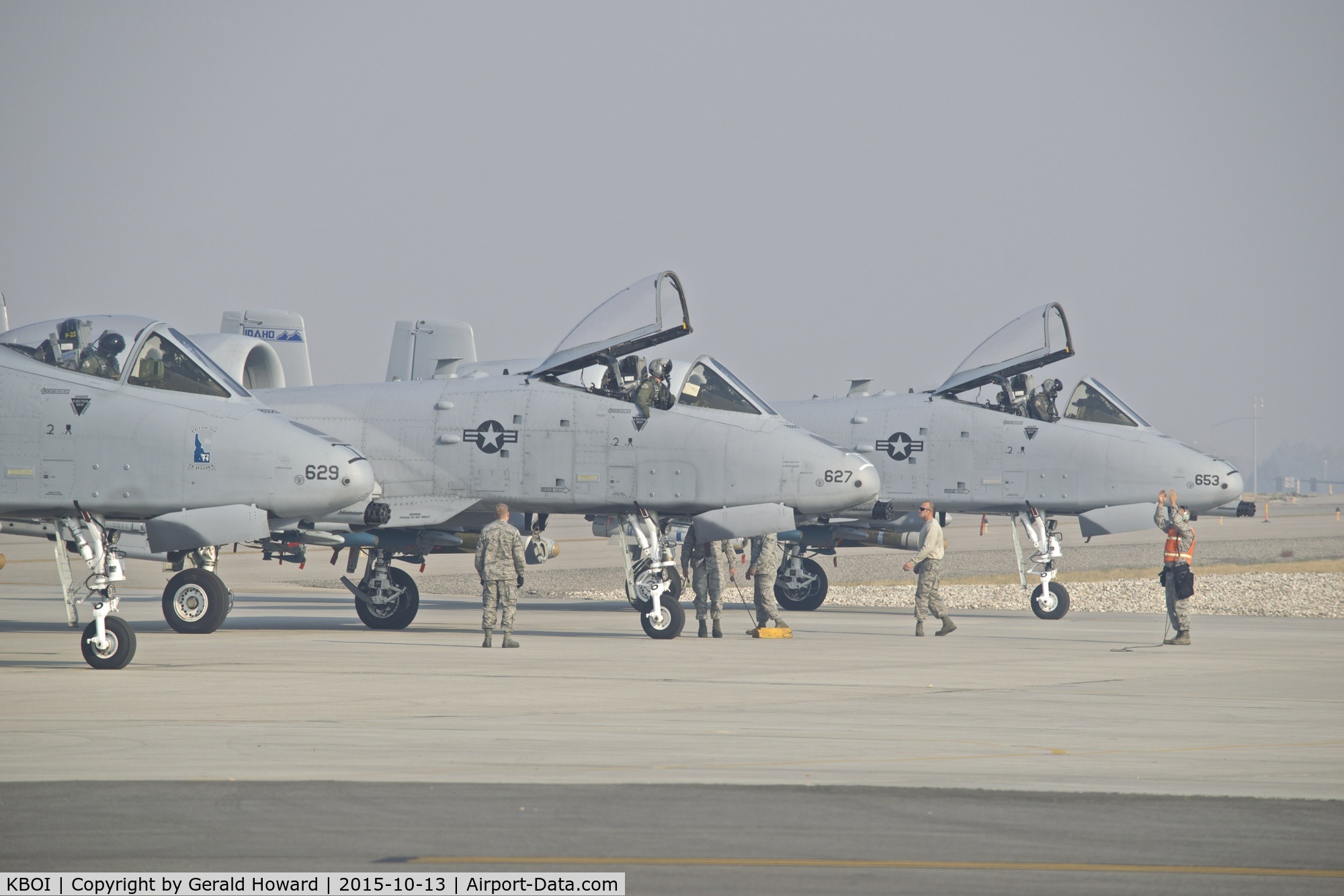 Boise Air Terminal/gowen Fld Airport (BOI) - Three A-10s from the 190th Fighter Sq., Idaho ANG  on the de arm ramp from pre flight checks. Smoke filled day required IFR landings & departures.