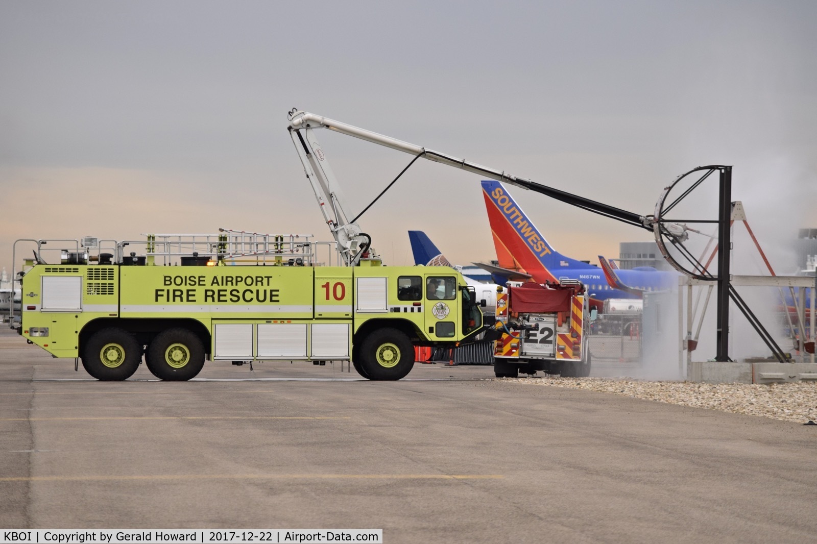 Boise Air Terminal/gowen Fld Airport (BOI) - ARFF unit practicing with water prob to puncture aircraft skin and introduce a water fog spray
into the aircraft's interior. 
