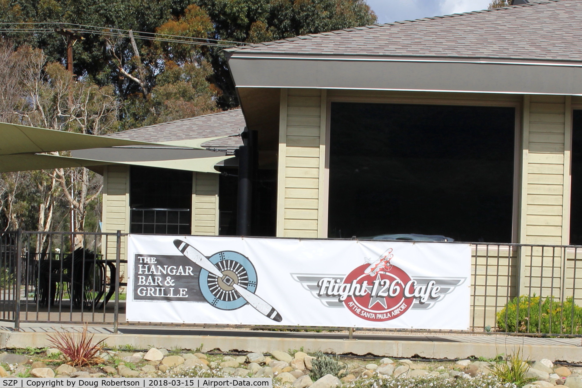 Santa Paula Airport (SZP) - The Airport's Flight 126 Restaurant serves food both inside and outside. This is a new banner facing the Transient Aircraft Ramp.