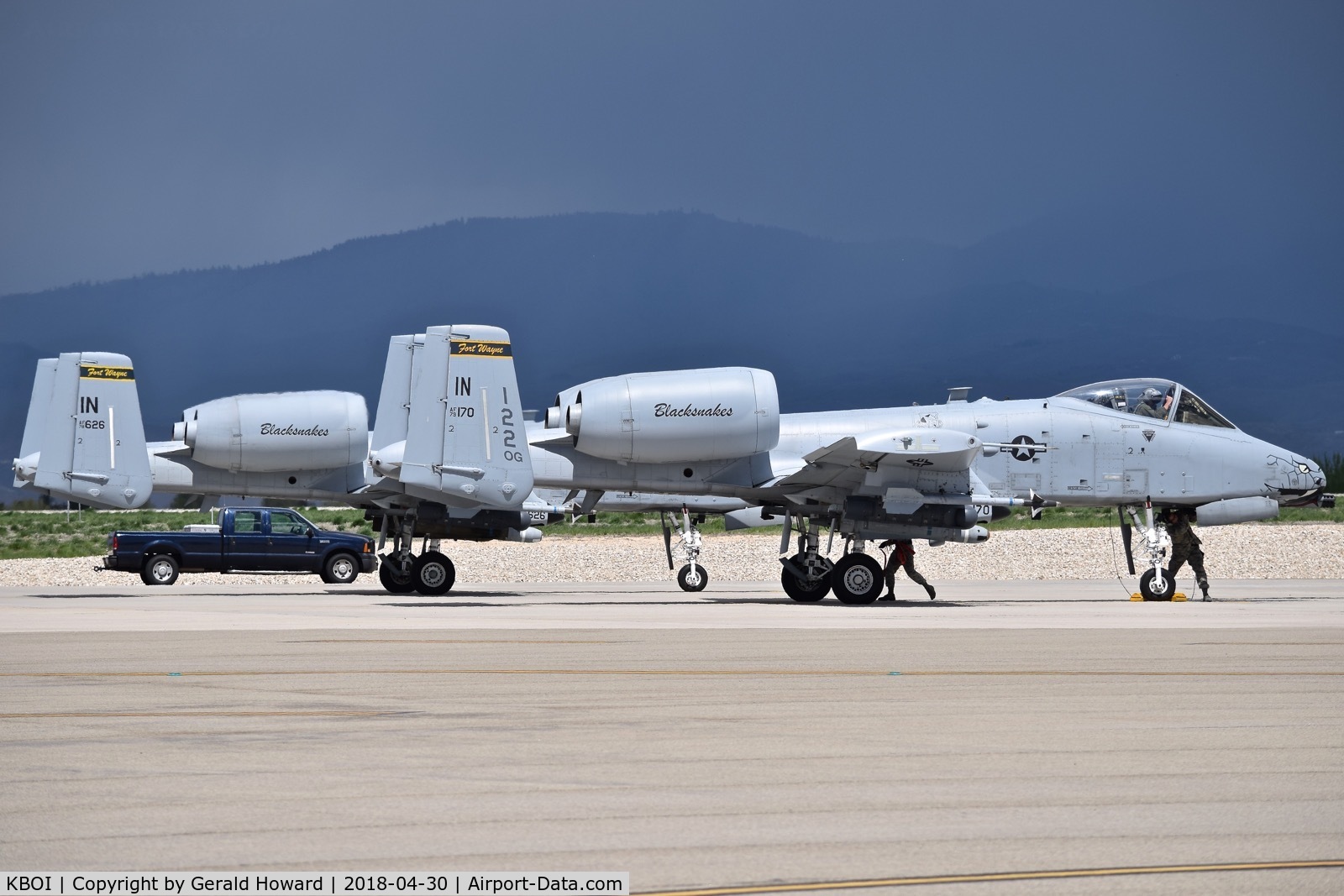 Boise Air Terminal/gowen Fld Airport (BOI) - Two A-10Cs from the 163rd Fighter Sq. “Blacksnakes”, 122nd Fighter Wing , Fort Wayne, IN
 ANG on the de arm pad after a training mission with the Idaho ANG.