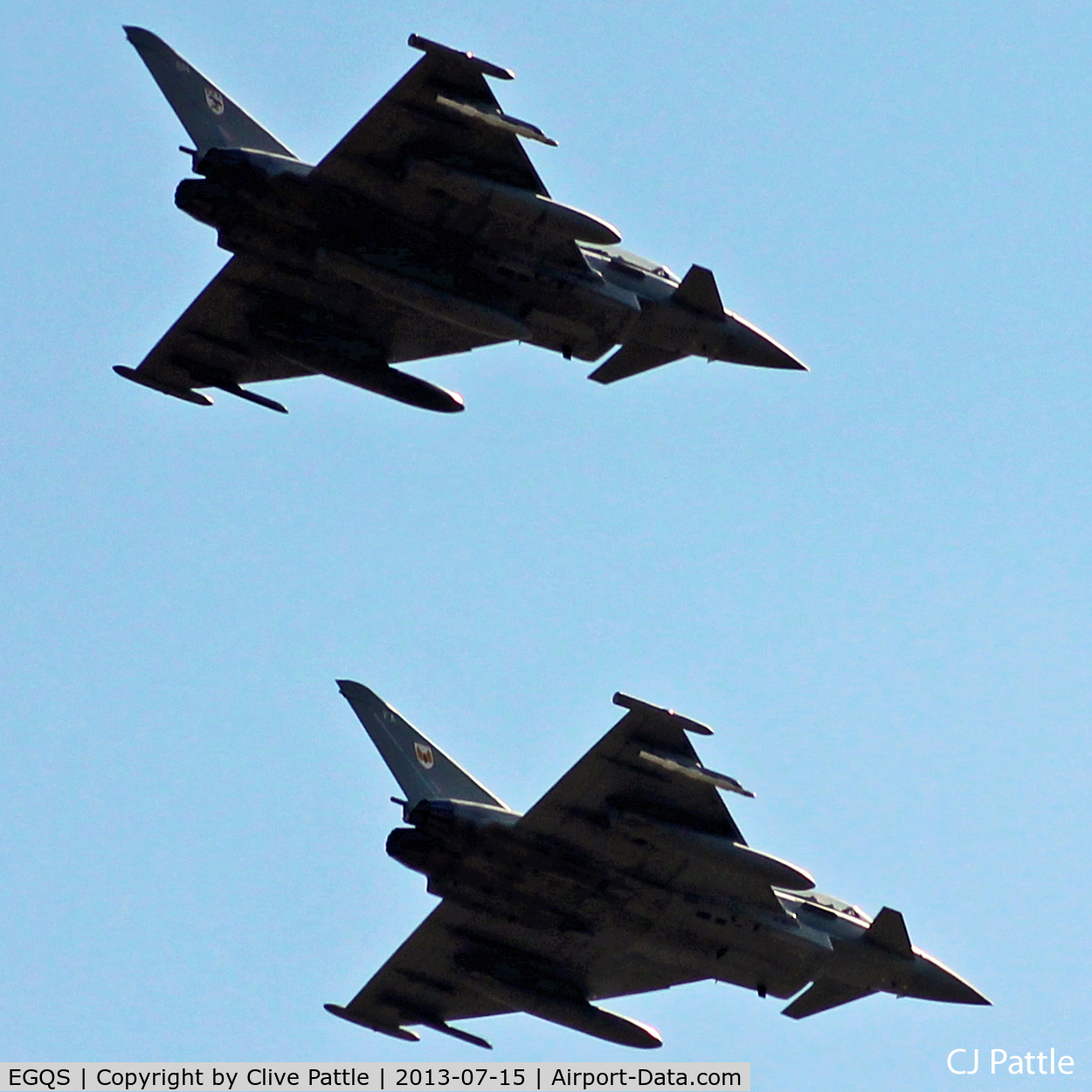 RAF Lossiemouth Airport, Lossiemouth, Scotland United Kingdom (EGQS) - A pair of Typhoon FGR4 aircraft over RAF Lossiemouth prior to landing.