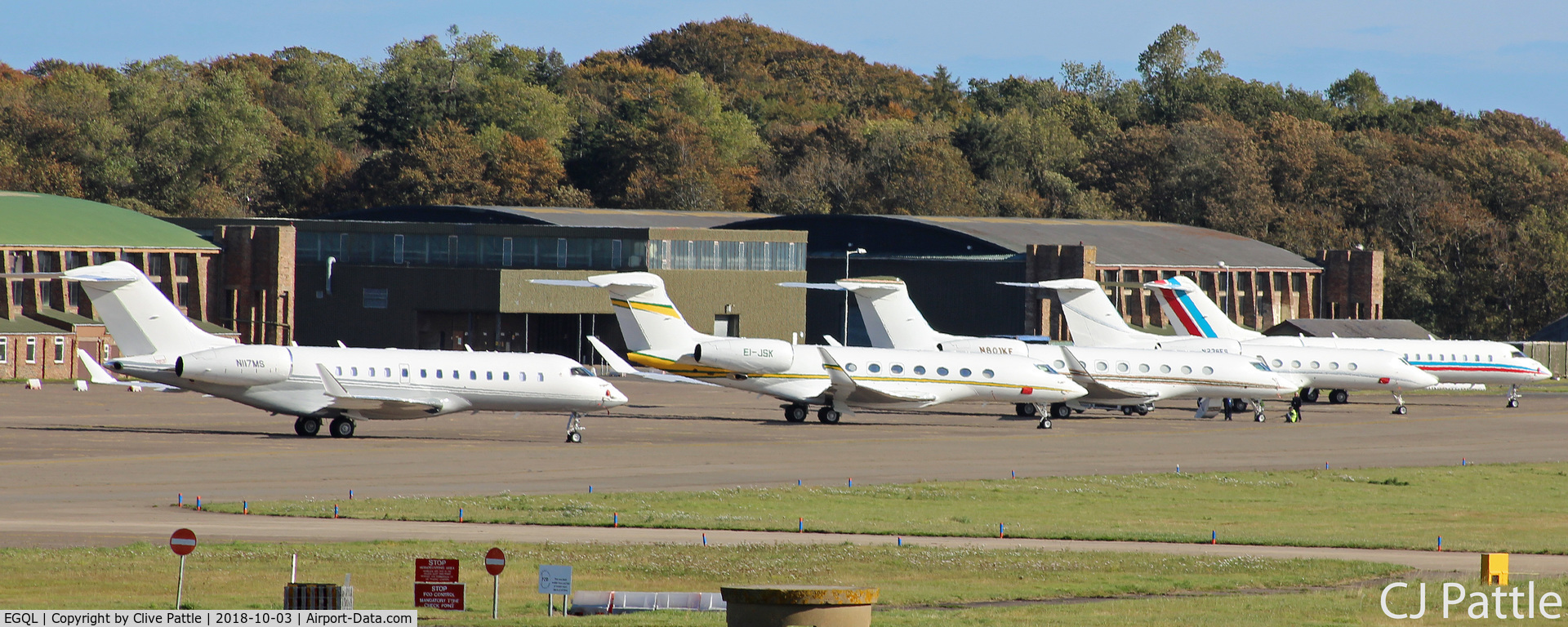 RAF Leuchars Airport, Leuchars, Scotland United Kingdom (EGQL) - A line-up of bizjets at Leuchars Station for the Annual Alfred Dunhill Links Golf Championships being held at the nearby 'Old Course' at St Andrews.