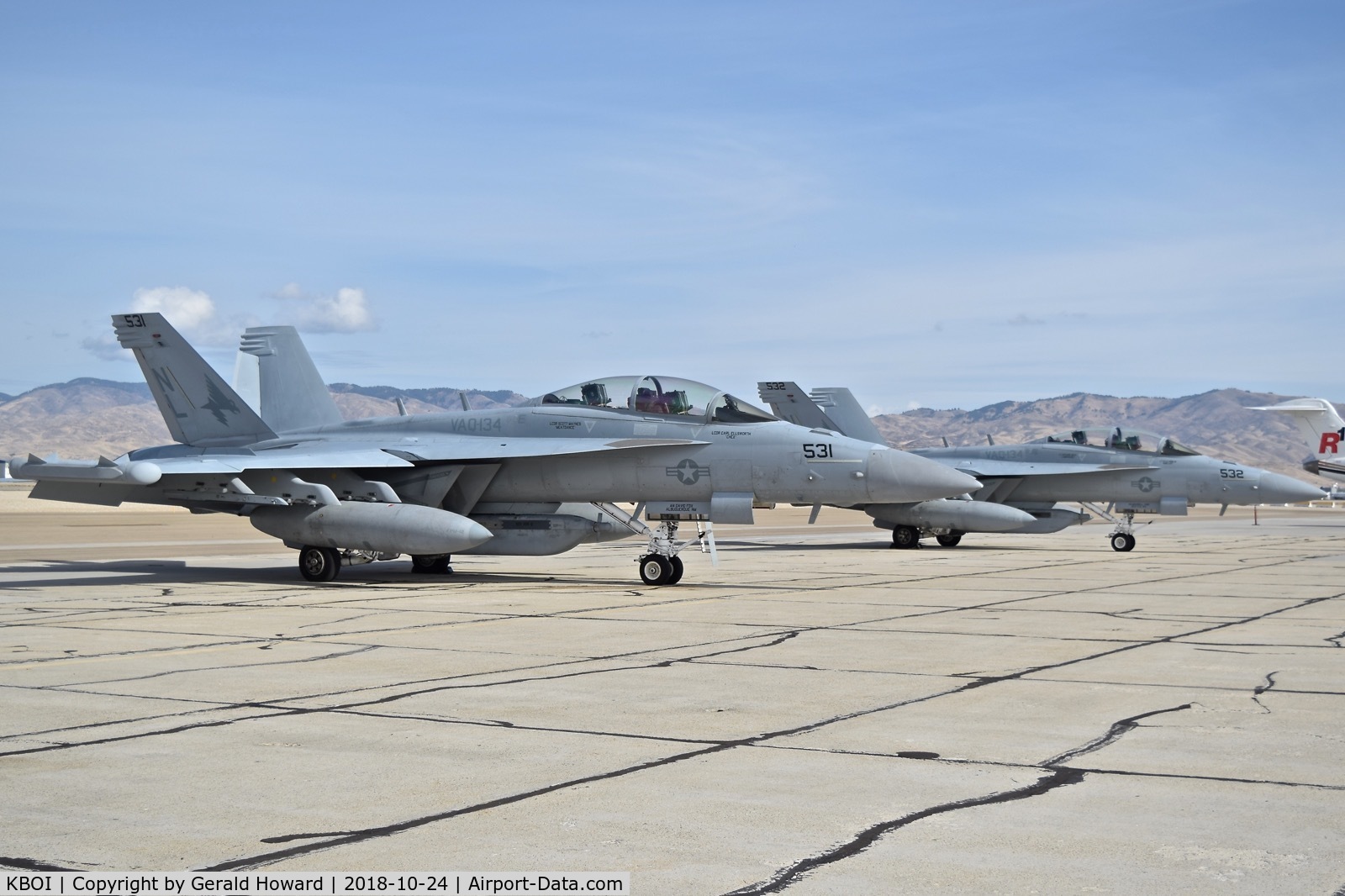 Boise Air Terminal/gowen Fld Airport (BOI) - Two FA-18G aircraft from VAQ-134 parked on the south GA ramp.