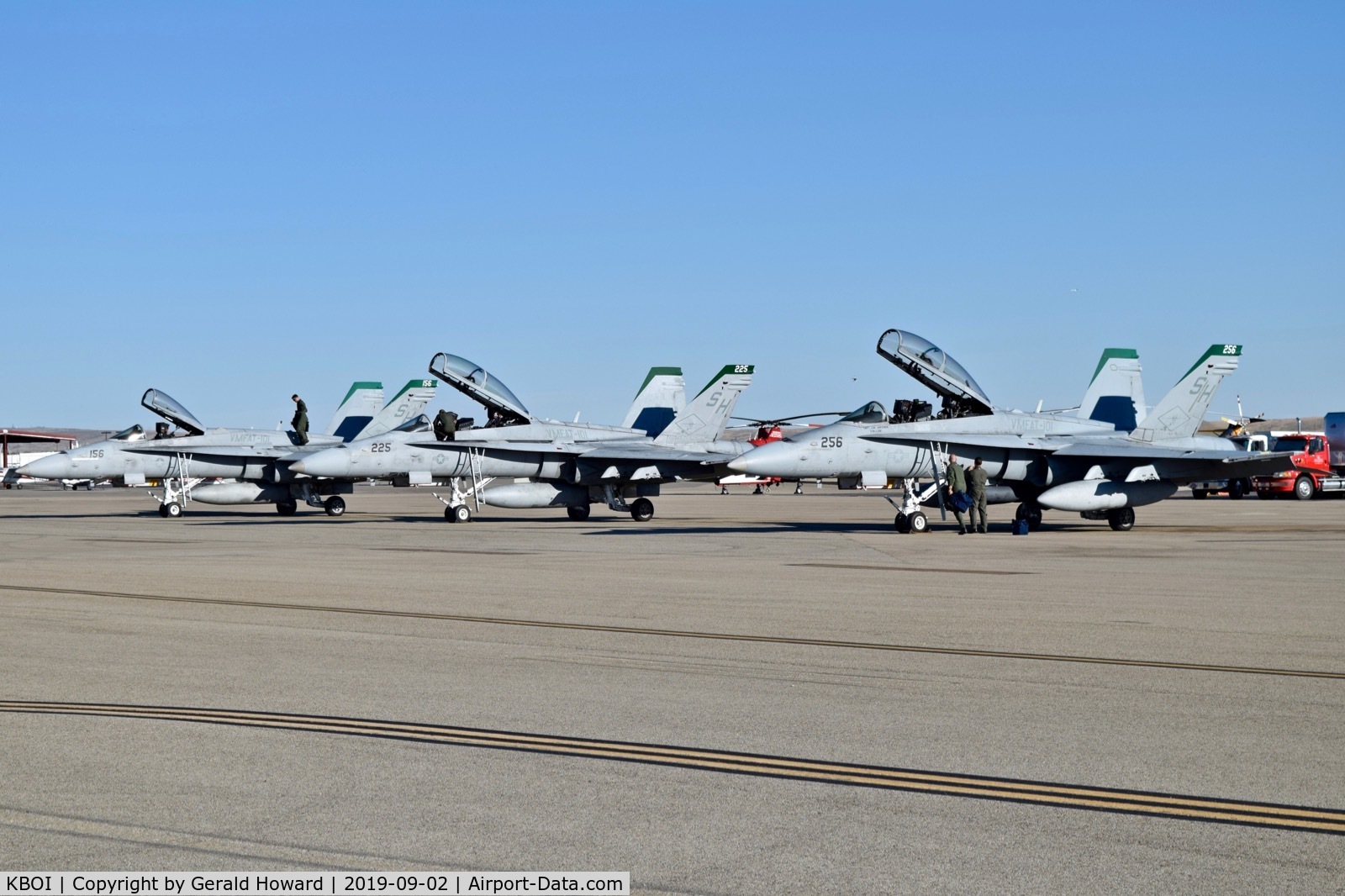 Boise Air Terminal/gowen Fld Airport (BOI) - Tree F/A-18s from VMFAT-101 parked on the north GA ramp.