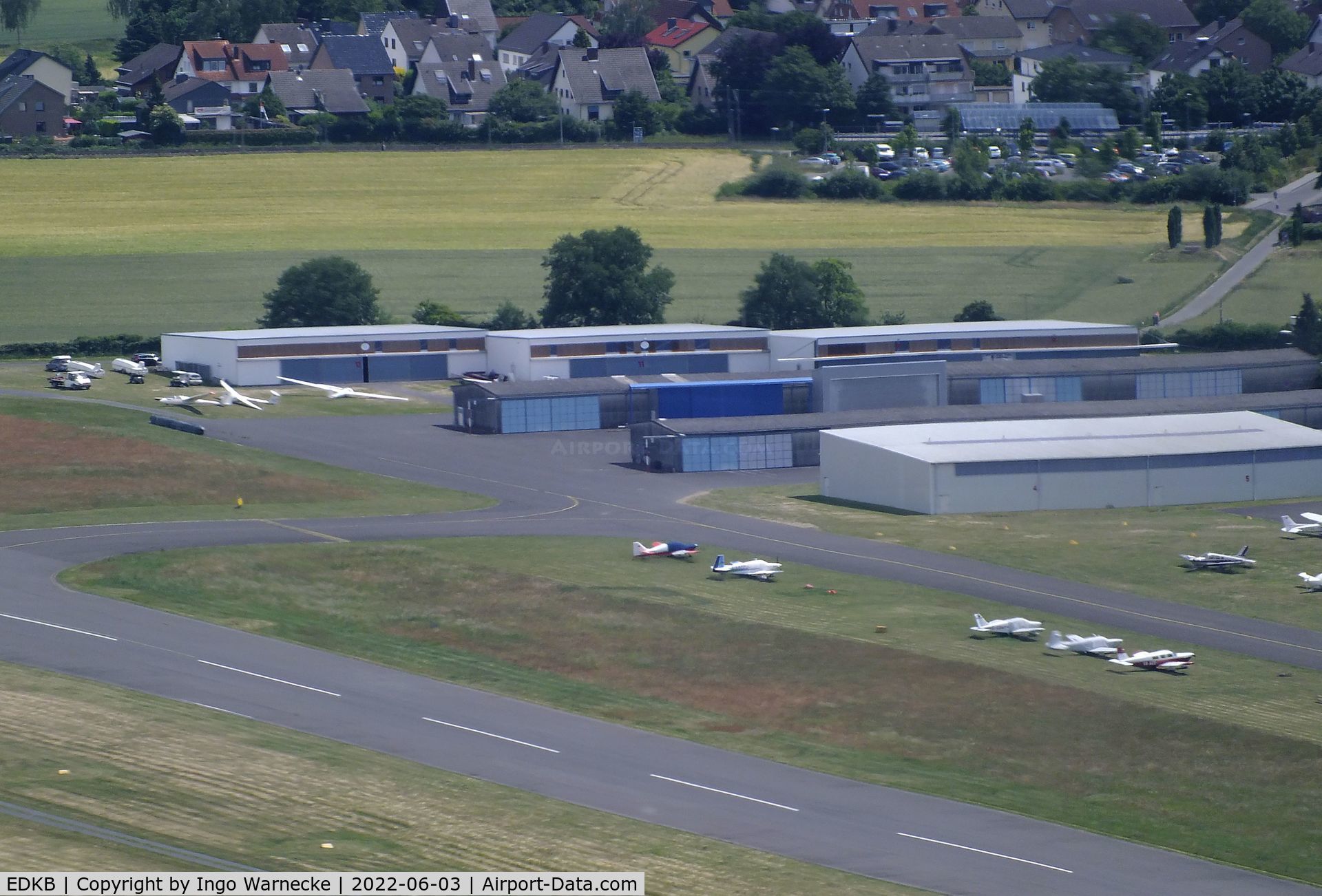 Bonn-Hangelar Airport, Sankt Augustin Germany (EDKB) - aerial view of GA hangars at the eastern end of Bonn-Hangelar airfield