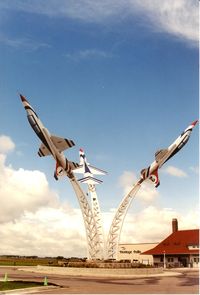 Owatonna Degner Regional Airport (OWA) - Three T-38's in Thunderbird paint, acquired with help from the US Navy, on display at the now closed Heritage Halls, just north of the airport and south of Cabella's - by Timothy Aanerud
