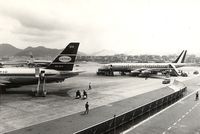 Hong Kong International Airport, Hong Kong Hong Kong (HKG) - March 1967,HKG Kai Tak airport.Cathay Pacific,Alitalia and Lufthansa share the ramp - by metricbolt