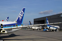 Snohomish County (paine Fld) Airport (PAE) - Five ANA B.787's are visible and three more were in the hangar including the specially painted first delivery aircraft for ANA - by Duncan Kirk