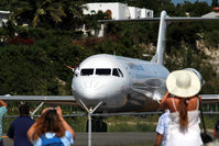 Princess Juliana International Airport, Philipsburg, Sint Maarten Netherlands Antilles (SXM) - Waving Co-Pilot from DAE Fokker 100 - by Wolfgang Zilske