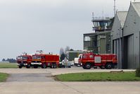 Cambrai Epinoy Airport, Cambrai France (LFQI) - fire trucks in front of the control tower. - by Joop de Groot