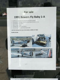 Santa Paula Airport (SZP) - AIRCRAFT FOR SALE-1991 Bowers FLY BABY 1-A posted in airport office window-view large and see more N4235A photos this site - by Doug Robertson