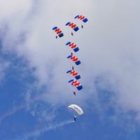 Shoreham Airport, Shoreham United Kingdom (EGKA) - The Magnificent RAF Falcons Parachute Display Team - non- contact canopy stack at the superb 25th Anniversary RAFA Shoreham Airshow. - by Eric.Fishwick