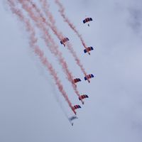 Shoreham Airport -  The Magnificent RAF Falcons Parachute Display Team at the superb 25th Anniversary RAFA Shoreham Airshow. - by Eric.Fishwick