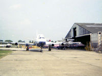 London Southend Airport - North Maintenance hangers, August 1981, with Vickers Viscount and Handley Page Herald G-BDZV - by Paul Howlen