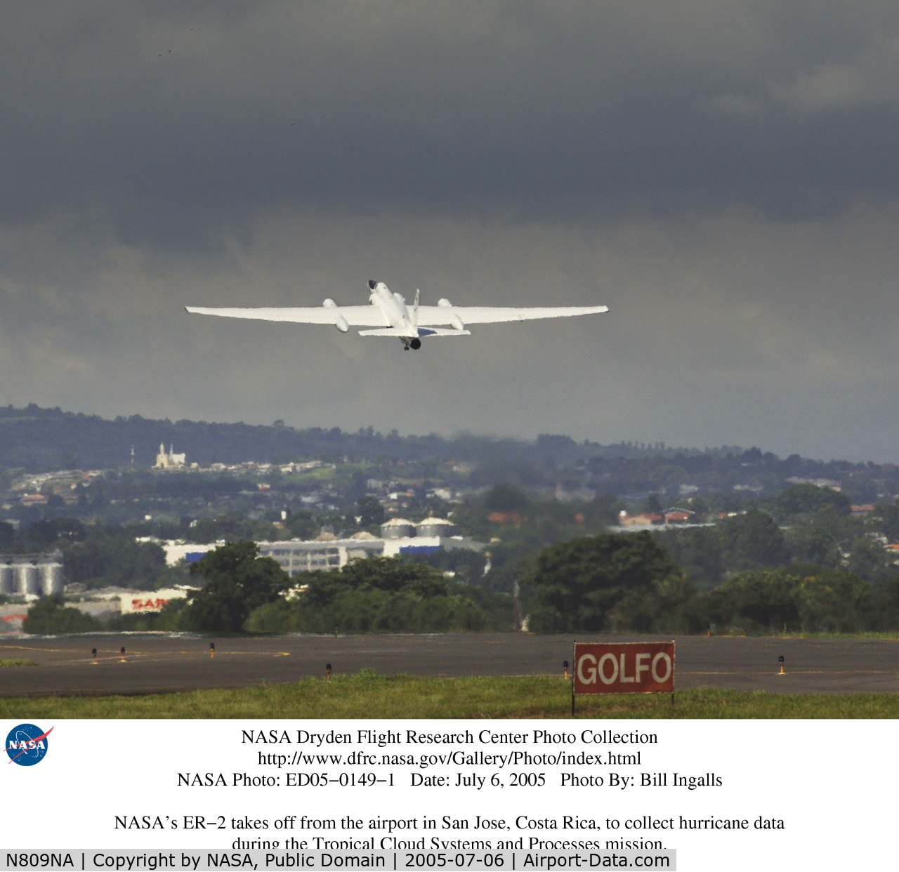 N809NA, 1980 Lockheed ER-2 C/N 80-1097 (Article 097), NASA's ER-2 takes off from the airport in San Jose, Costa Rica, to collect hurricane data during the Tropical Cloud Systems and Processes mission