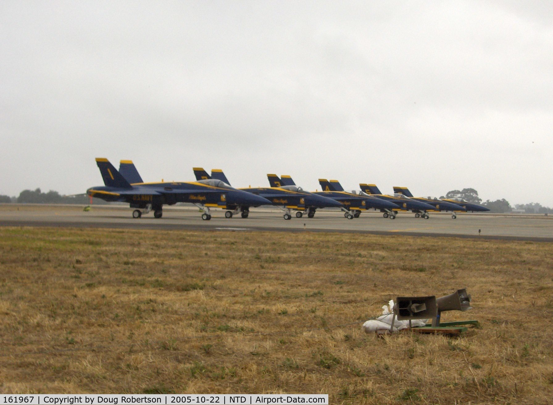 161967, McDonnell Douglas F/A-18A Hornet C/N 0183/A144, The USN Blue Angels Boeing F/A-18s, The Blues' Airshow grounded both days-low 800 foot ceiling. Aircraft #1-161967