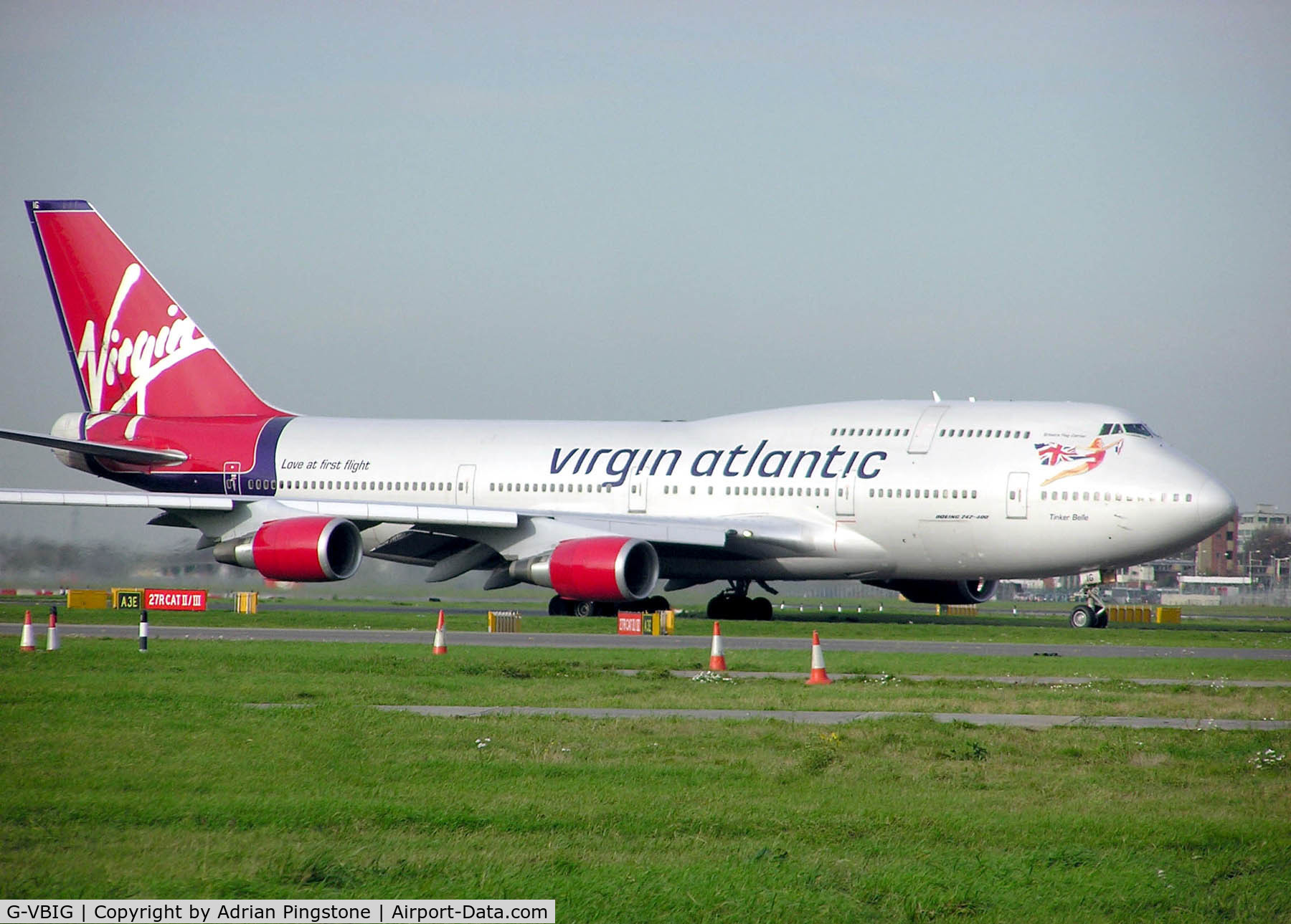 G-VBIG, 1996 Boeing 747-4Q8 C/N 26255, Virgin Atlantic Airways Boeing 747-400 G-VBIG (AKA Tinker Belle) taxiing to the take off point at London Heathrow Airport, England.
