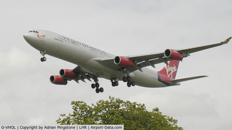 G-VHOL, 1992 Airbus A340-311 C/N 002, Virgin Atlantic Airbus A340-300 on the approach to London (Heathrow) Airport (UK) in June 2003