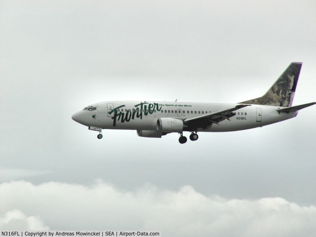 N316FL, 1992 Boeing 737-36E(SF) C/N 25264, Frontier Airlines no longer operates 737 to SEA. This aircraft has been sold to Iceland