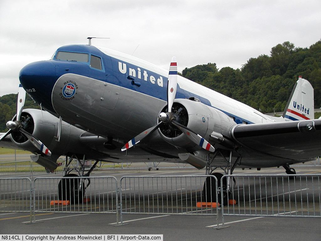 N814CL, 1945 Douglas DC-3C (C-47B-50-DK) C/N 34370, This DC-3 of Clay Lacy Aviation is painted in United colors and is a popular guest at airshows and other aviation arrangements.  Here on display at the Boeing Field Museum of Flight, May 2004.