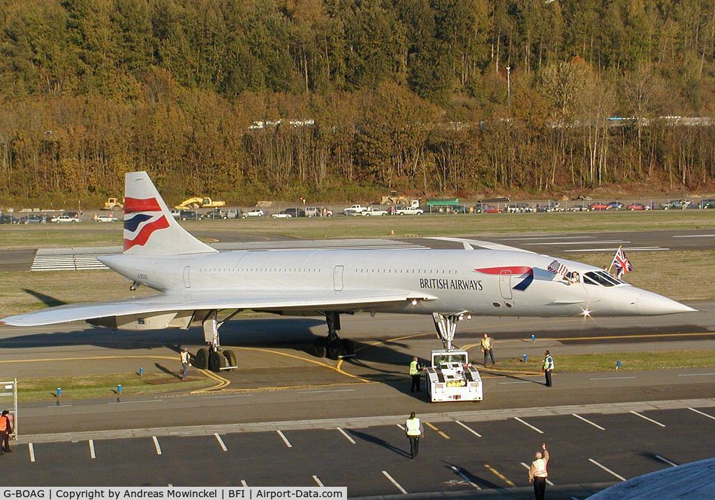 G-BOAG, 1978 Aerospatiale-BAC Concorde 1-102 C/N 100-014, On a fine day in October 2003, Concorde G-BOAG arrived BFI to become a part of the Museum of Flight's growing airliner collection.