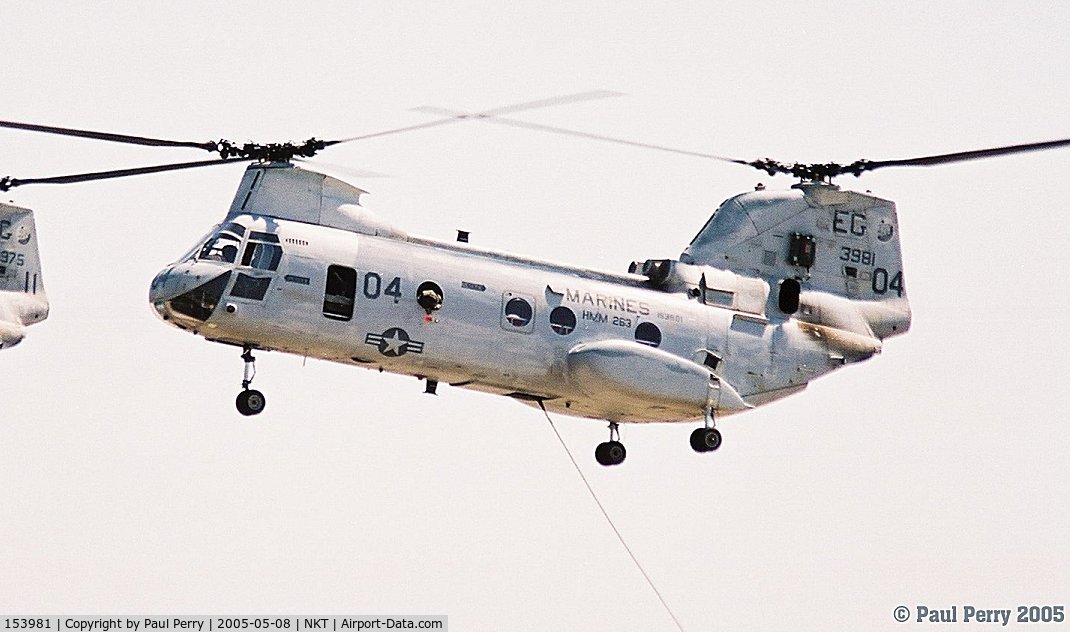 153981, Boeing Vertol CH-46E Sea Knight C/N 2332, The venerable Frog, seen here extracting a USMC assault team during a demo