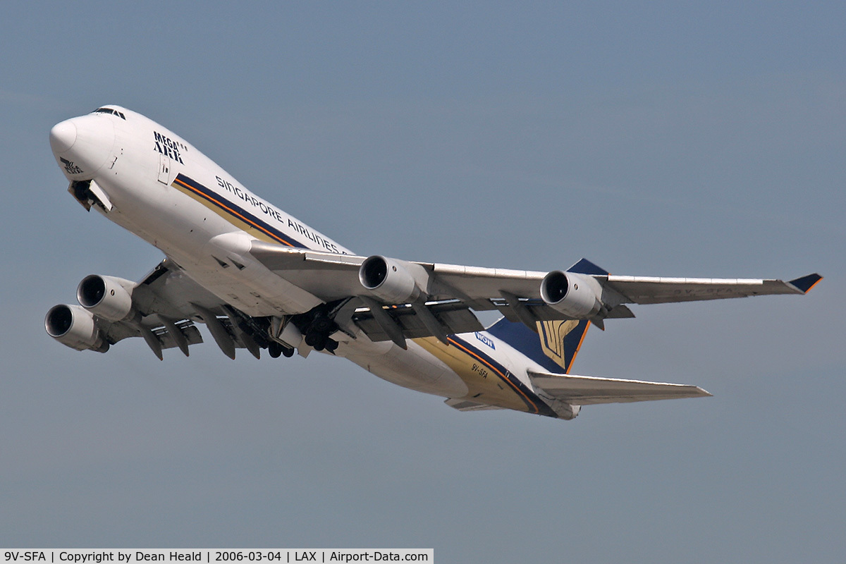 9V-SFA, Boeing 747-412F/SCD C/N 26563, Singapore Airlines Cargo 9V-SFA (747-412F/SCD) departing LAX South Complex enroute to Anchorage, Alaska as SQC7965.