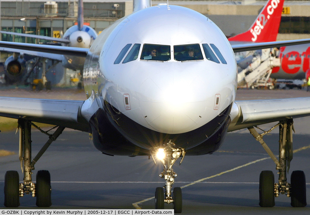 G-OZBK, 2000 Airbus A320-214 C/N 1370, Face to face with a Monarch Airbus.