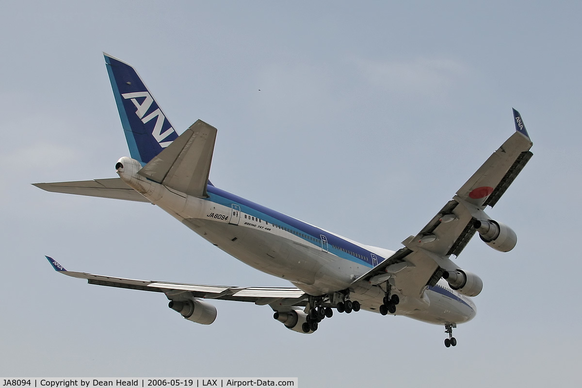 JA8094, 1990 Boeing 747-481/BCF C/N 24801, All Nippon Airways (ANA) JA8094 (FLT ANA6) from Narita Int'l (RJAA) on final approach to RWY 24R.