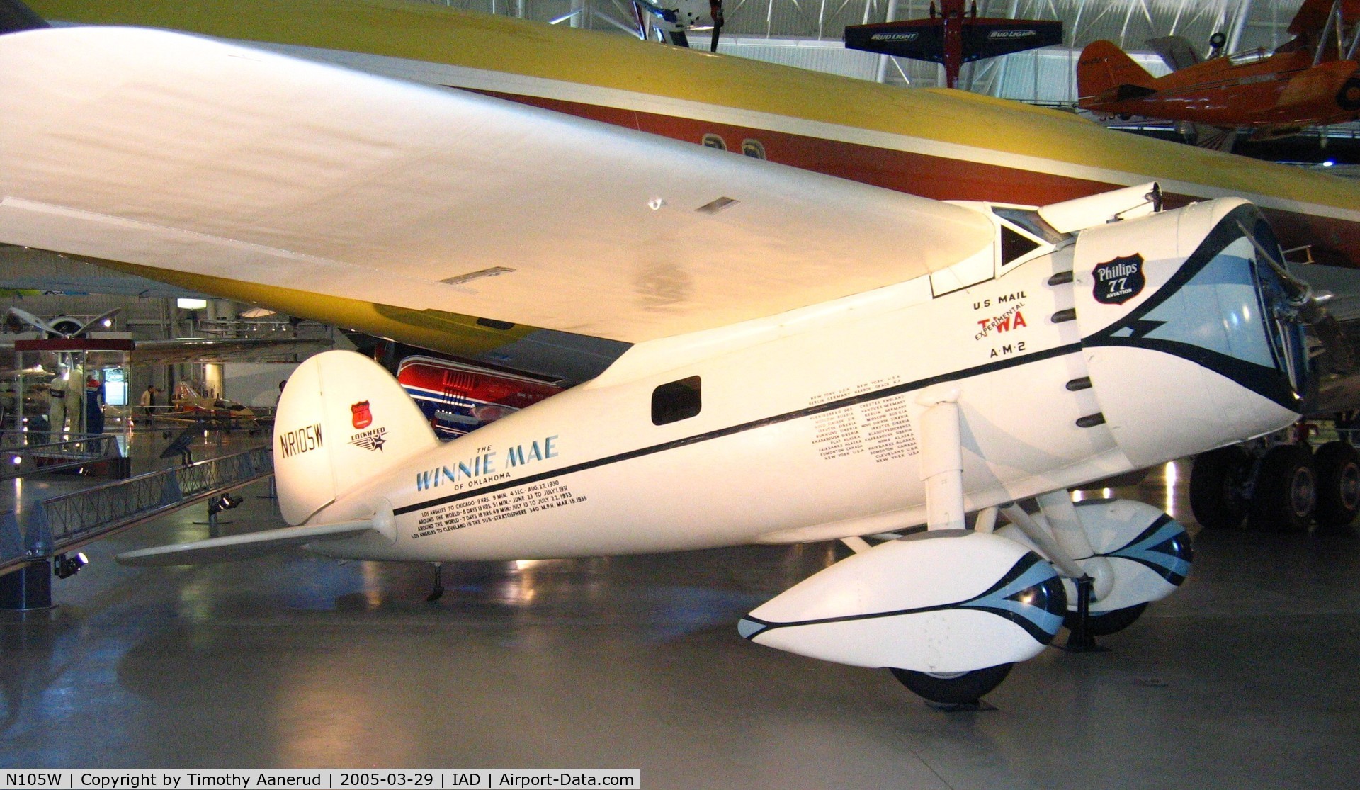 N105W, 1929 Lockheed Vega 5C C/N 72, National Air and Space Museum Udvar-Hazy Center. This is the real Winnie Mae.  Kermit Weeks has a replica in Florida.