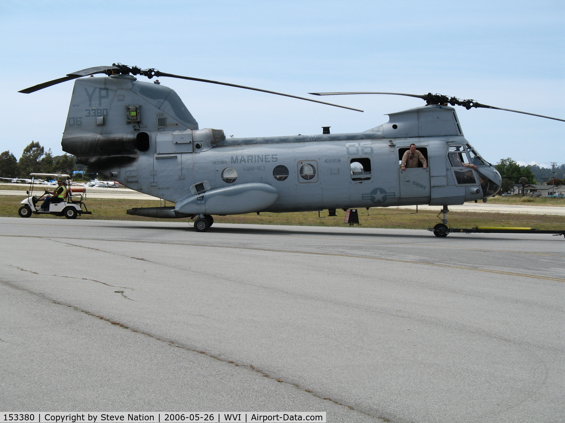 153380, Boeing Vertol CH-46E Sea Knight C/N 2278, CH-46F YP-06 of HMM-163 with missle warning system boxes @ Watsonville Municipal Airport, CA