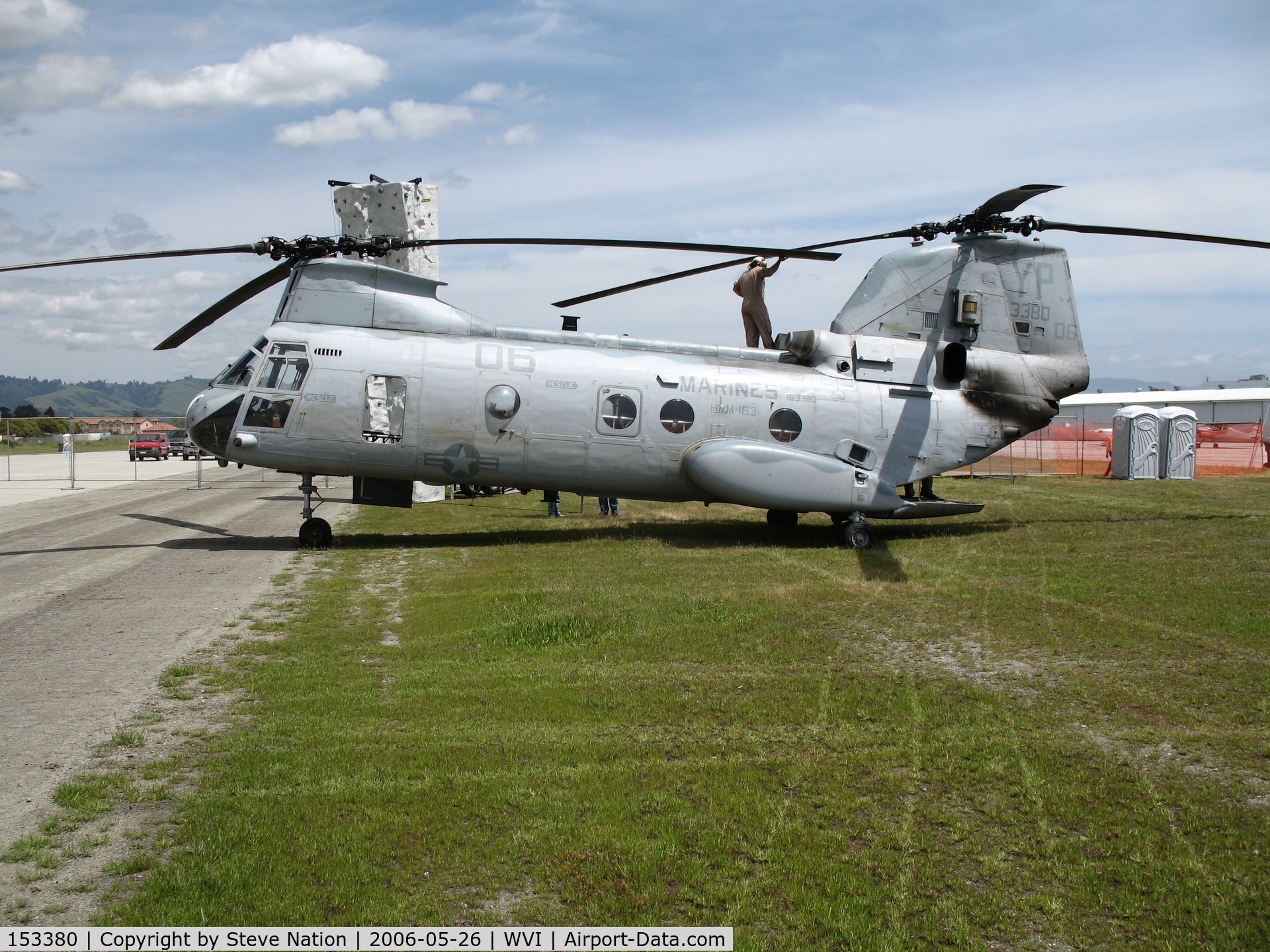 153380, Boeing Vertol CH-46E Sea Knight C/N 2278, CH-46F YP-06 of HMM-163 with missle warning system boxes @ Watsonville Municipal Airport, CA