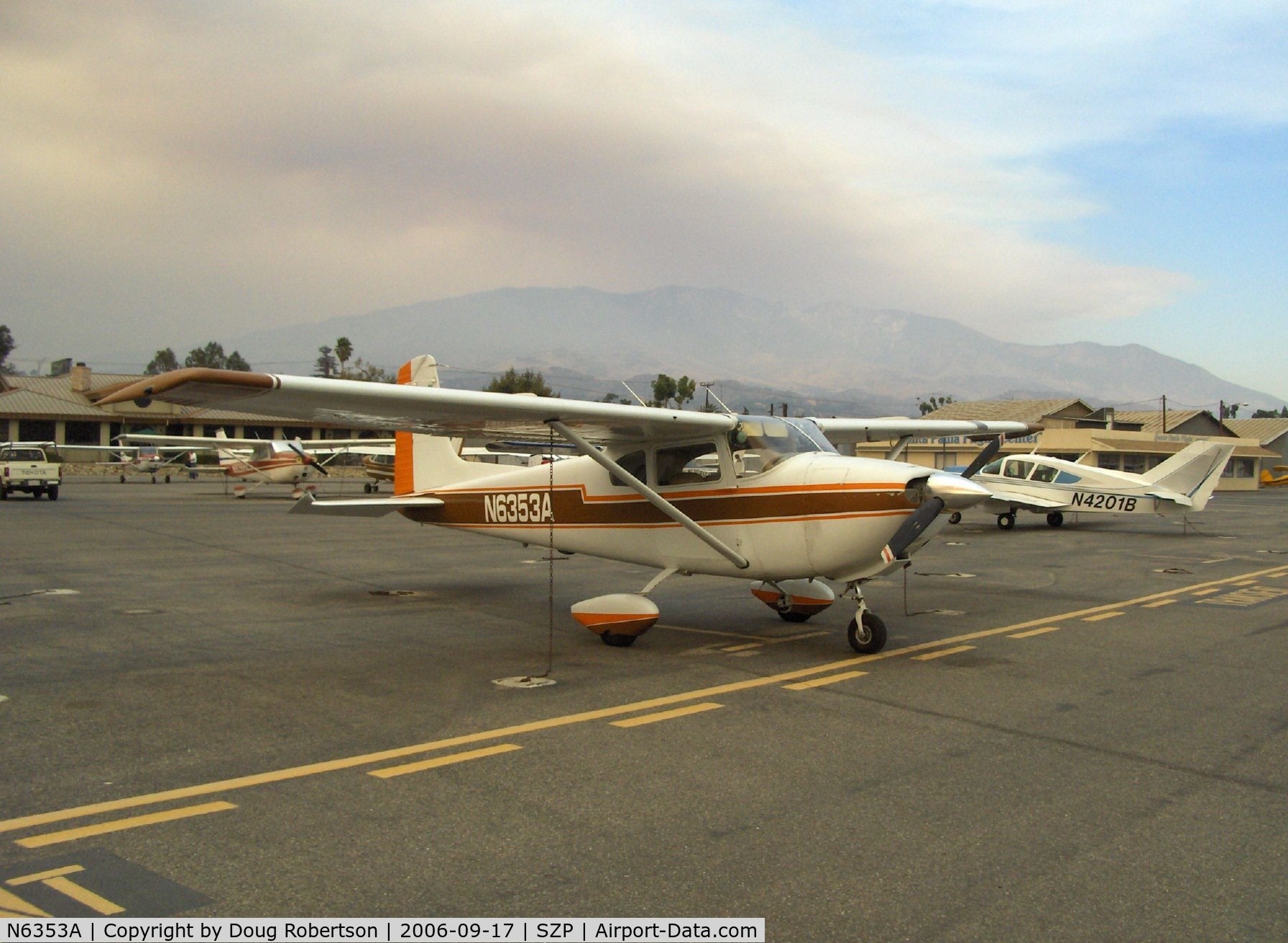 N6353A, 1956 Cessna 182 Skylane C/N 33153, 1956 Cessna 182, Continental O-470-S 230 Hp, Los Padres Mountains fire smoke in background, burning since 4 Sept.