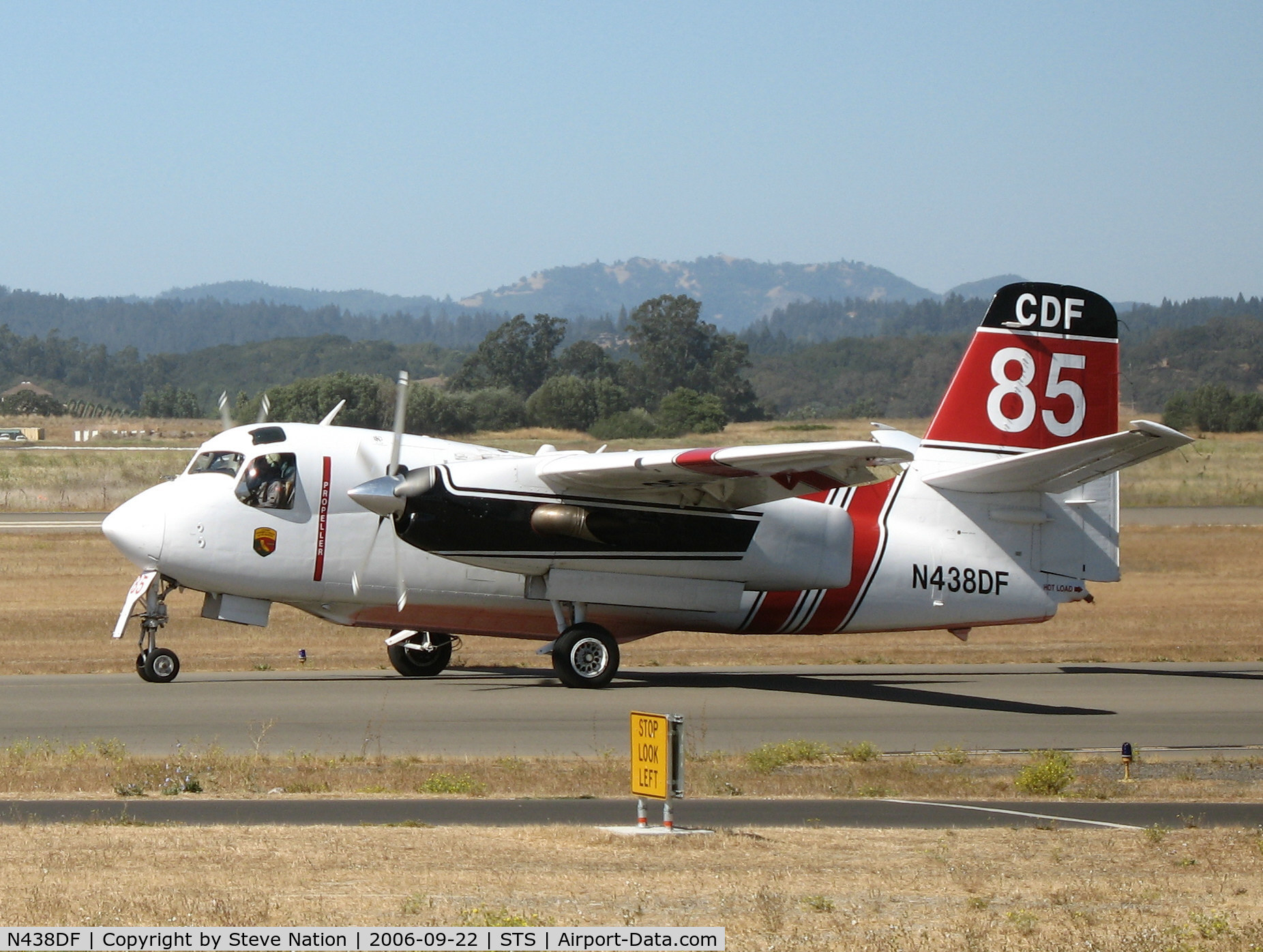N438DF, Marsh Aviation S-2F3AT C/N 151640, Santa Rosa-based CDF S-2T Tanker #85 with relief pilot Bill Buckley at the controls taxying out for take-off at Sonoma County Airport, CA for firefighting mission