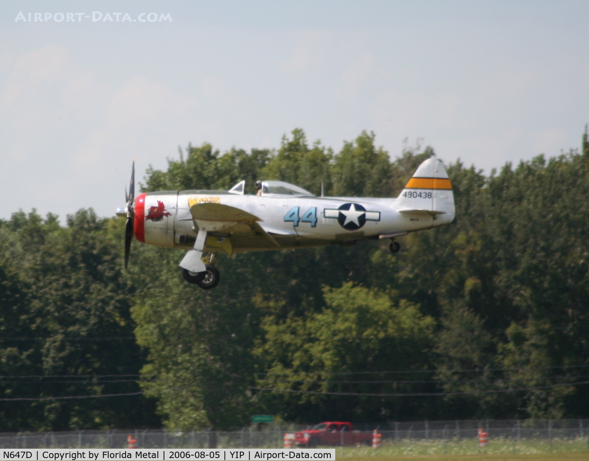 N647D, 1944 Republic P-47D Thunderbolt C/N 8955583, Landing at YIP