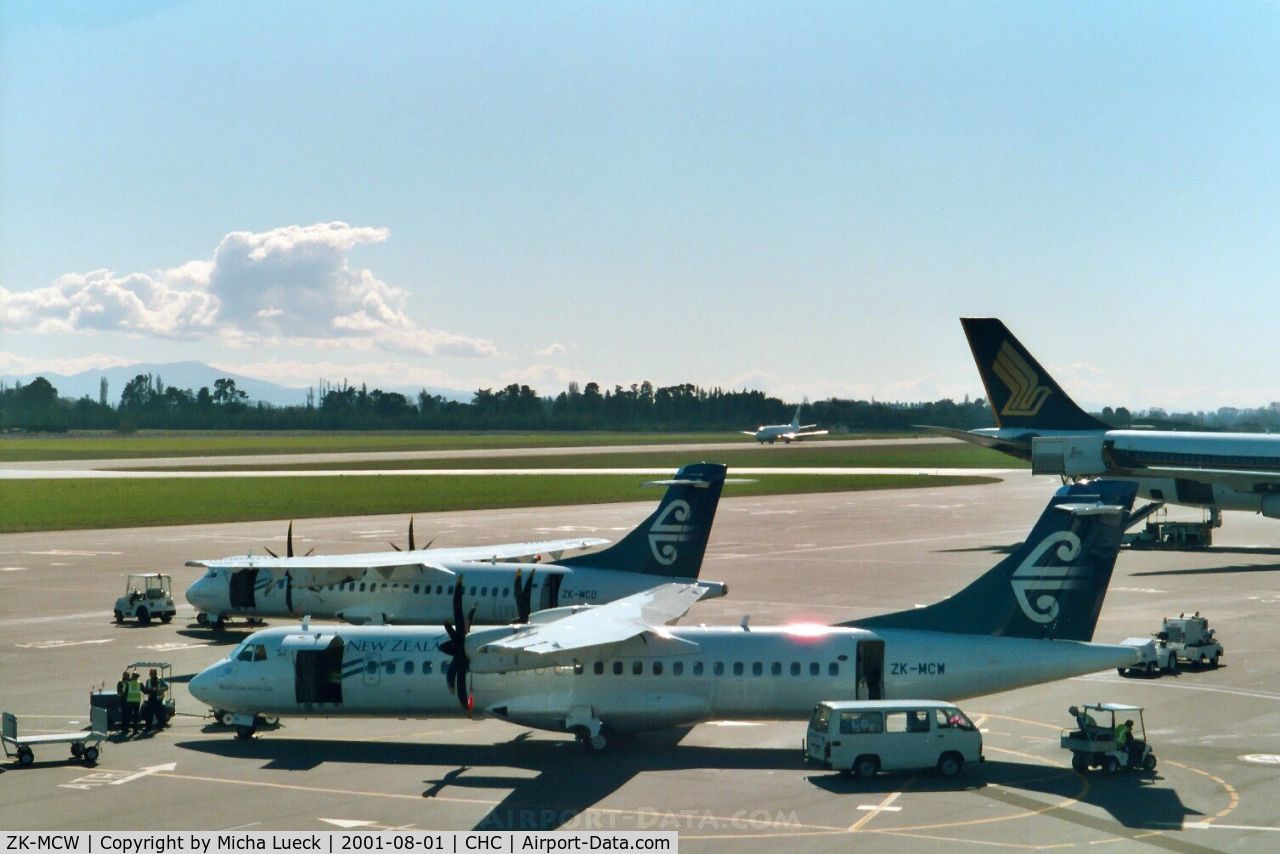 ZK-MCW, 2000 ATR 72-212A C/N 646, Sisterships ZK-MCW and ZK-MCO on the apron at Christhurch's domestic terminal