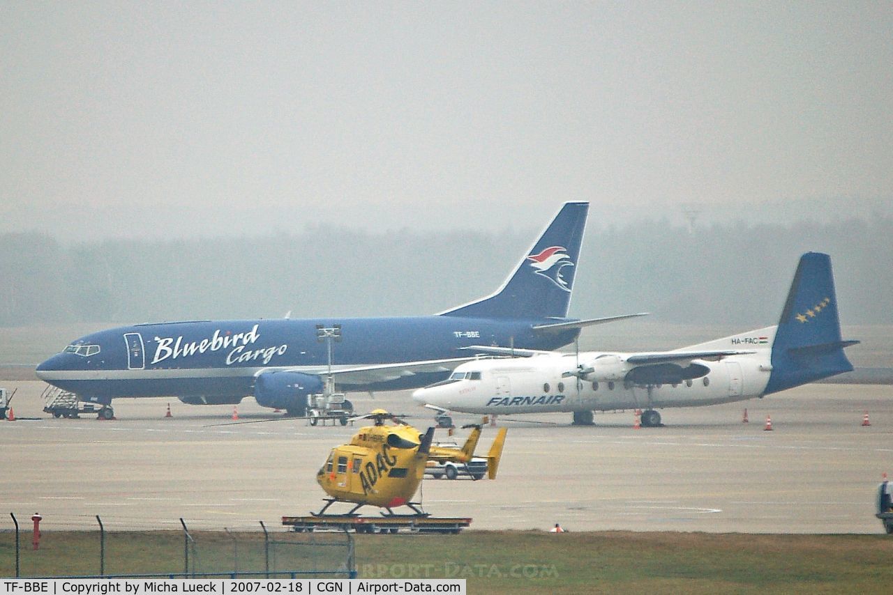 TF-BBE, 1991 Boeing 737-36EF C/N 25256, B 737 of Bluebird Cargo, Fokker 27 of Farnair, and a rescue helicopter of the ADAC