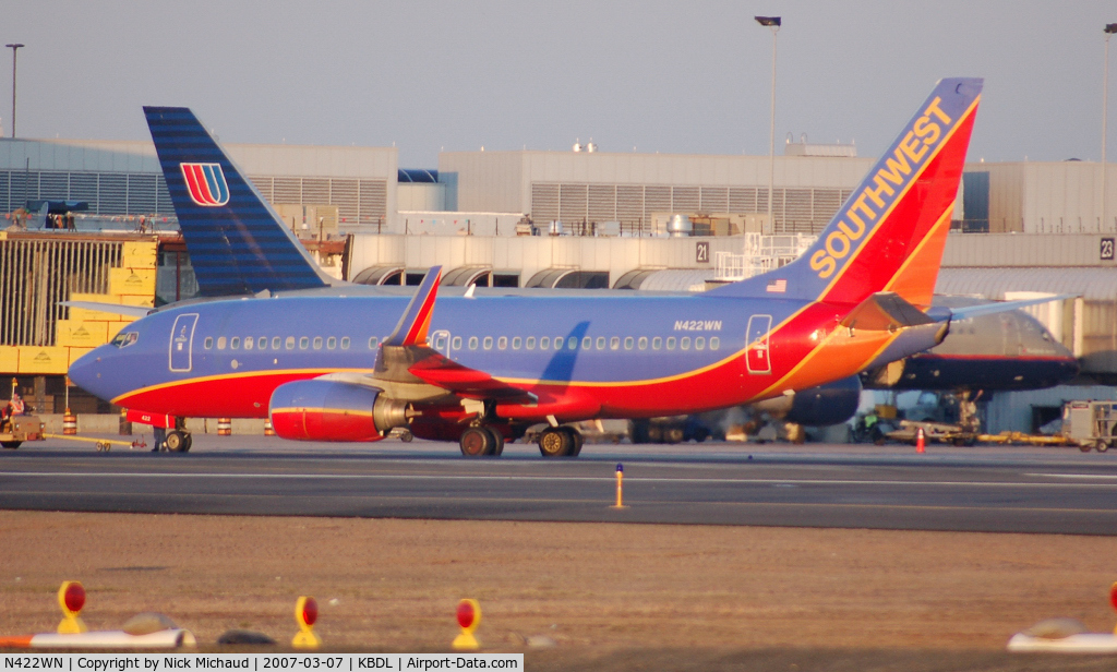 N422WN, 2002 Boeing 737-7H4 C/N 29826, SW pushing back at 7:00am with my Uncle onboard non-stop BDL-LAS