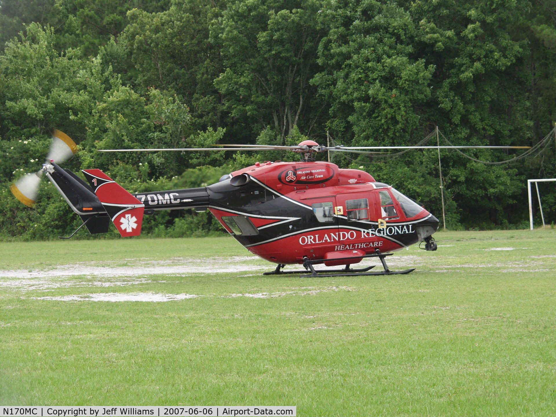 N170MC, 1990 Eurocopter-Kawasaki BK-117B-1 C/N 7217, ORMC Medical Heli on a pickup in Longwood Florida
