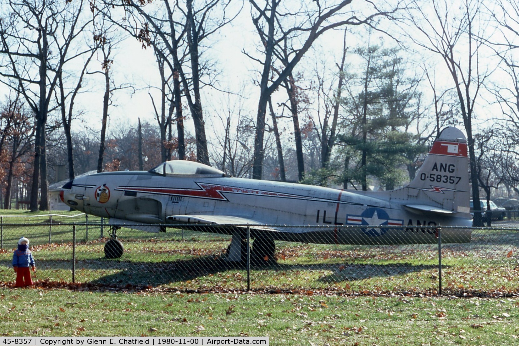 45-8357, 1945 Lockheed F-80C-11-LO Shooting Star C/N 080-1571, At Phillips Park in Aurora, IL.  Later replaced by an F-105.  That's my daughter on the left