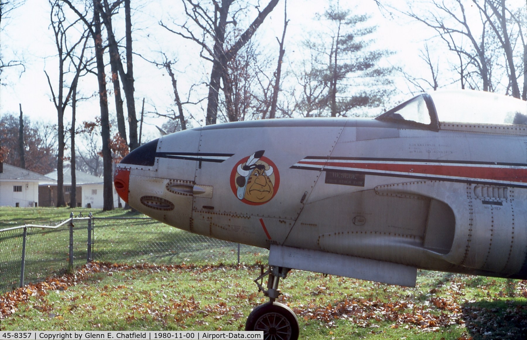 45-8357, 1945 Lockheed F-80C-11-LO Shooting Star C/N 080-1571, At Phillips Park in Aurora, IL.  Later replaced by an F-105.  Close-up of the nose insignia.