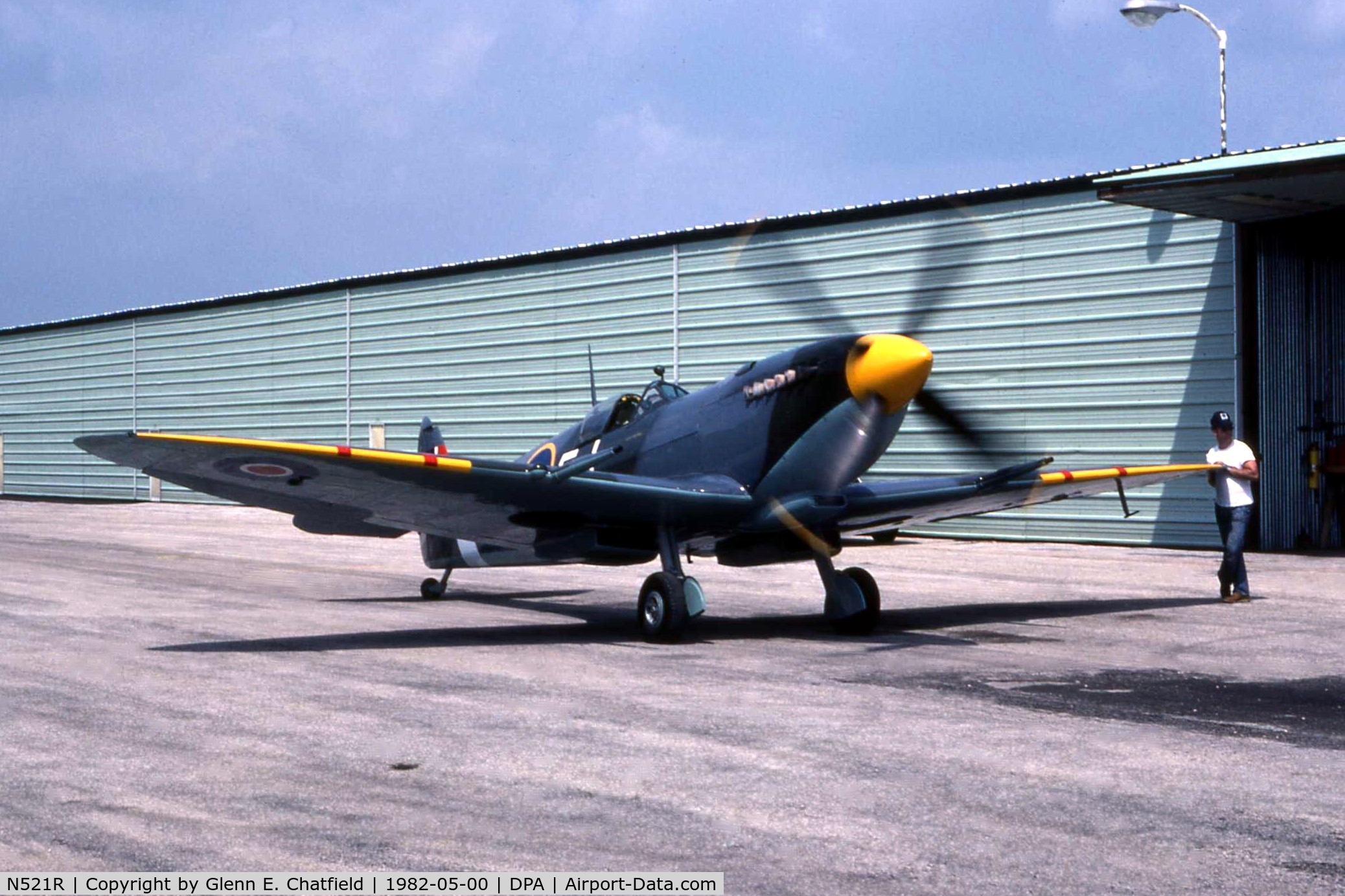 N521R, 1943 Supermarine 361 Spitfire LF.IXc C/N CBAF.IX.1886, Pilot Jerry Billing, taking Cliff Robertson's Spitfire from its hangar at DPA to Canada.  It was a fluke that I was driving by and saw it running.