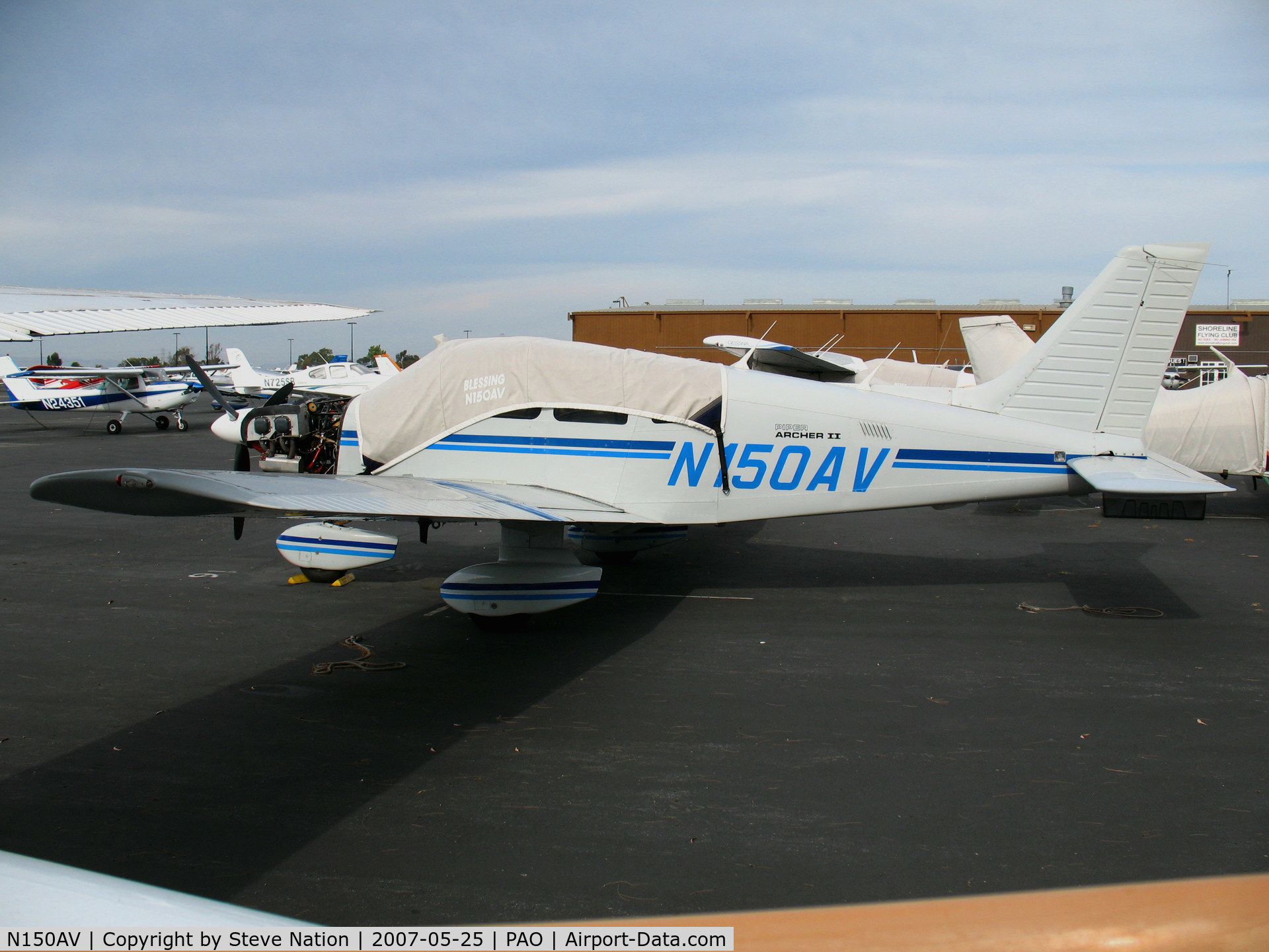 N150AV, 1985 Piper PA-28-181 C/N 28-8590037, 1985 Piper PA-28-181 under cover with cowl removed @ Palo Alto, CA
