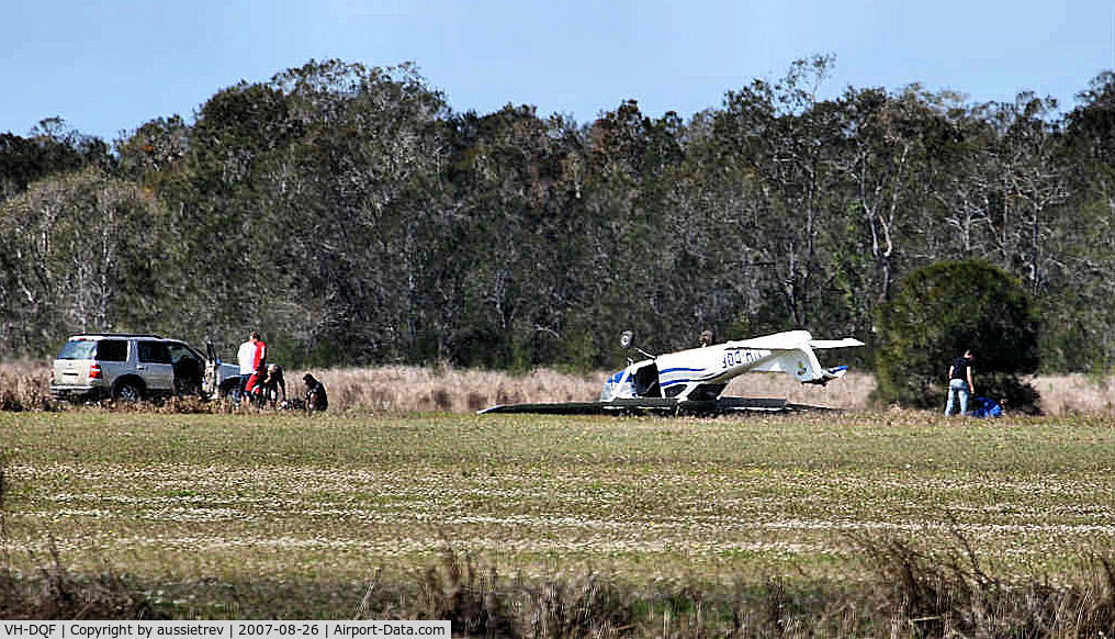 VH-DQF, 1967 Cessna 182K Skylane C/N 18258105, Engine Failure shortly after take off. Nose wheel dug in on muddy ground flipping aircraft and crushing tail.