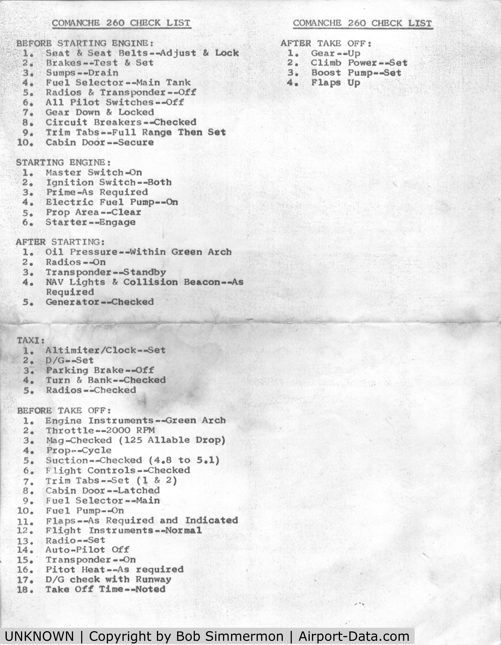 UNKNOWN, Miscellaneous Various C/N unknown, Checklist from Bob Dodge's mid-1906's Comanche 260